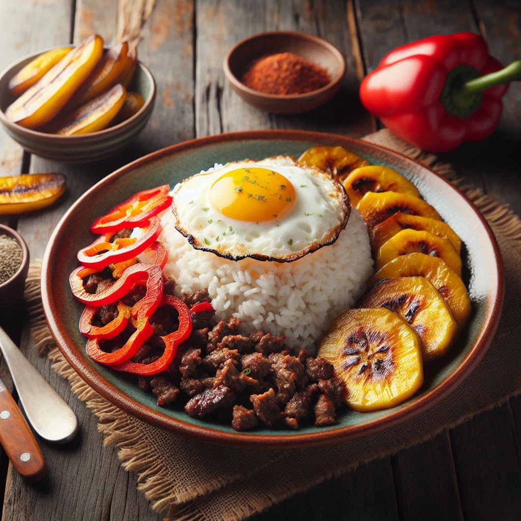 Arroz a la Cubana with white rice, tomato sauce and a fried egg