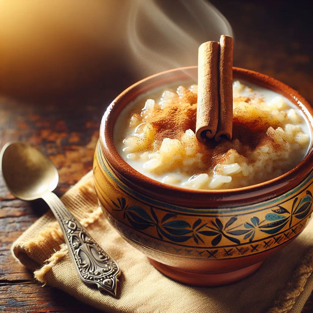 Creamy arroz con leche dusted with cinnamon in a small bowl