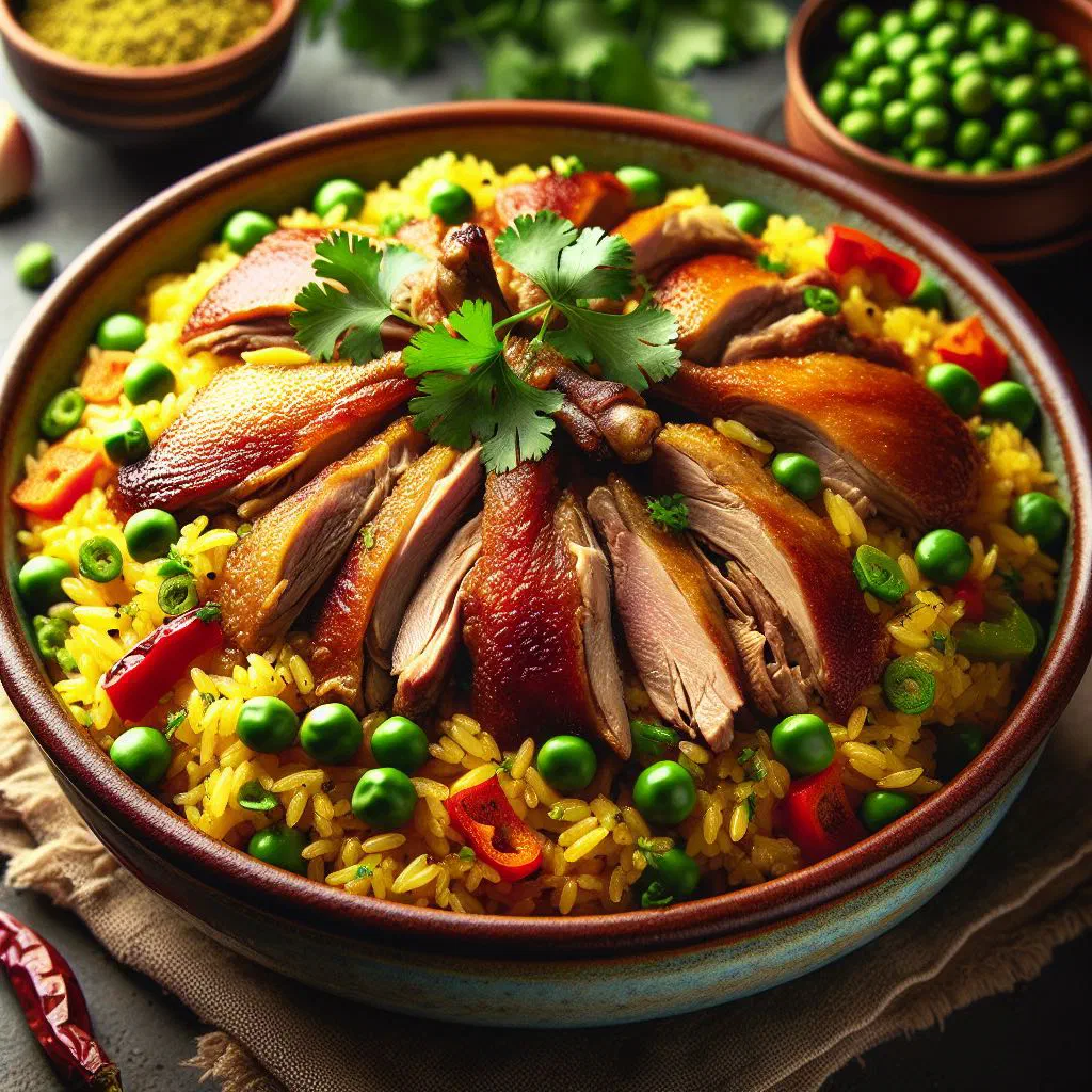 Arroz con pato with tender duck and saffron rice in a rustic pan