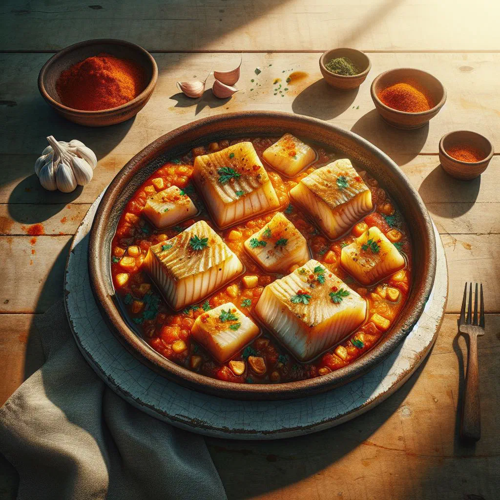 Baked salt cod in tomato sauce garnished with parsley