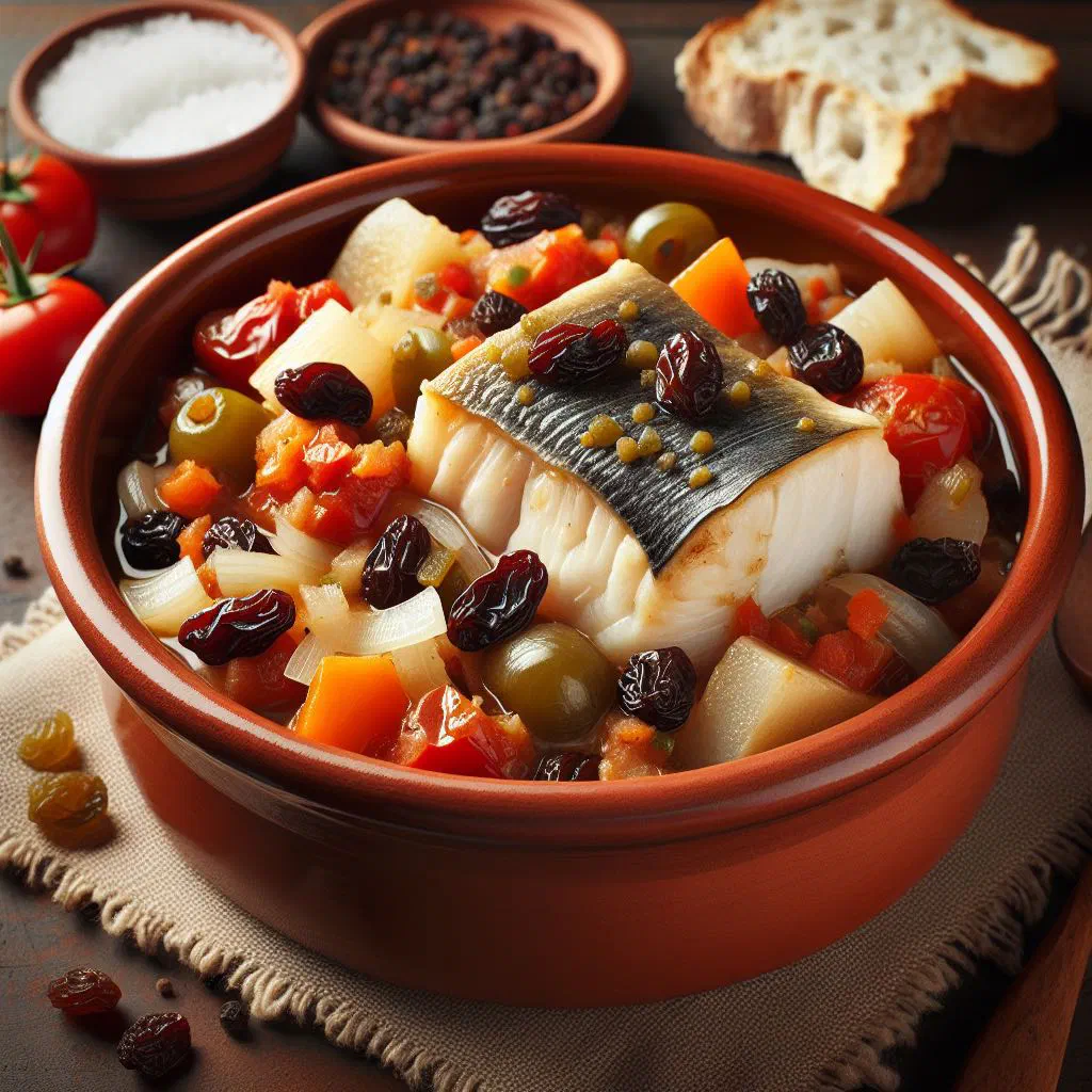 Bacalao con pasas with tender cod, raisins and parsley on a plate