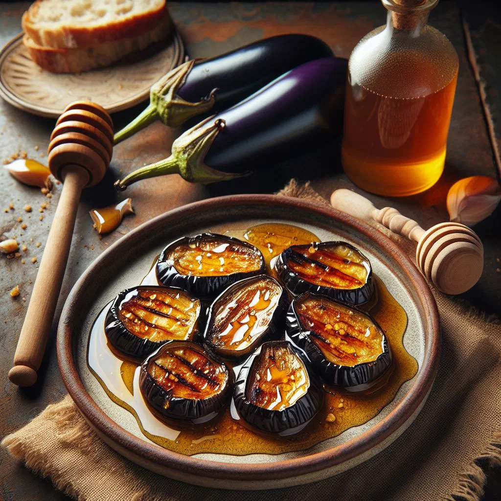 Crispy fried aubergine slices drizzled with honey, served as tapas