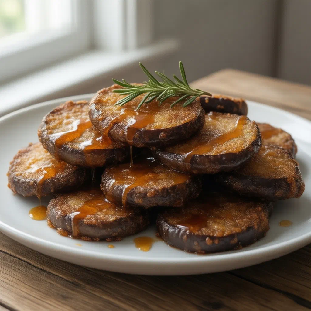 Crispy fried aubergine slices drizzled with honey, served as tapas