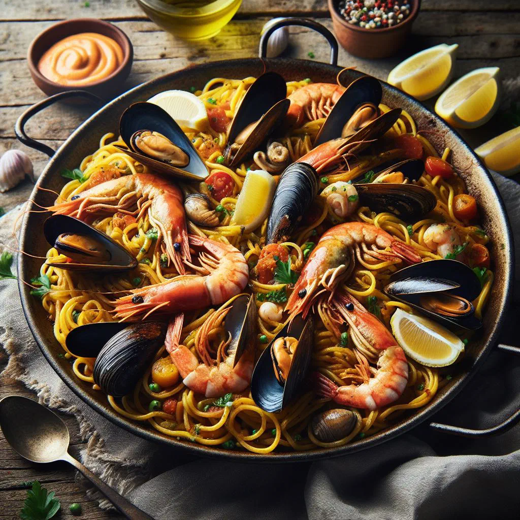 Black fideuà with squid rings and prawns in an ink-stained pan with lemon wedges