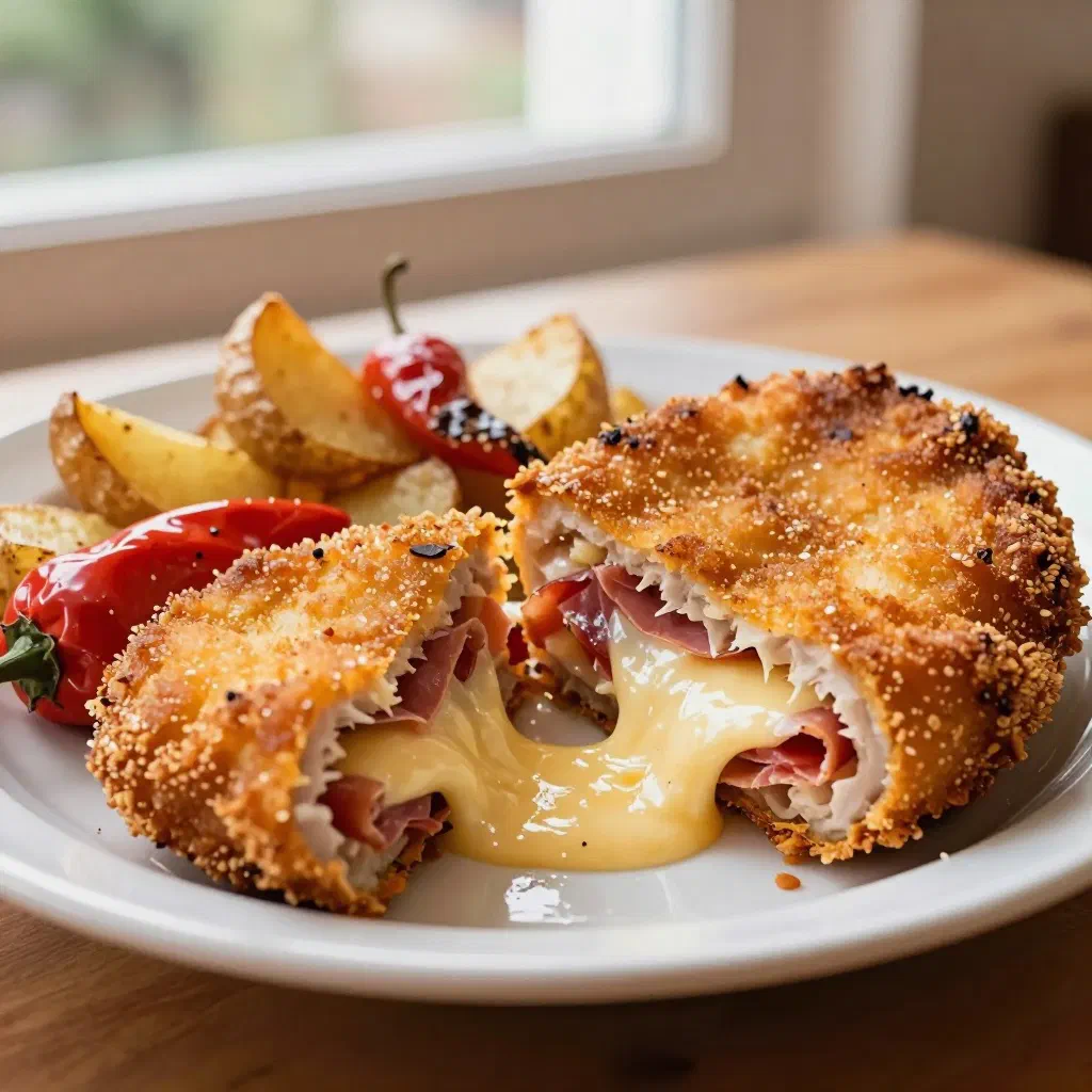 Golden breaded cachopo cut open to reveal melting cheese and ham
