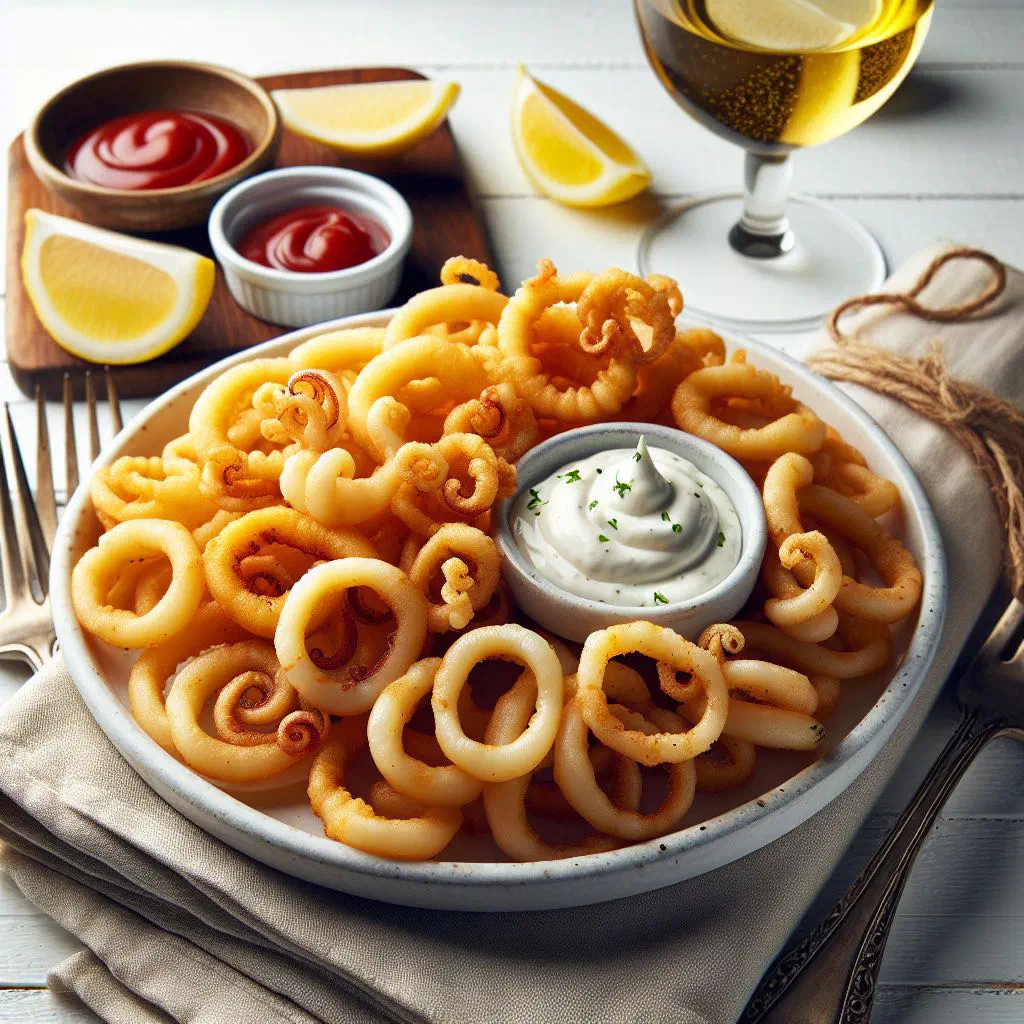 Golden fried squid rings served with fresh lemon wedges