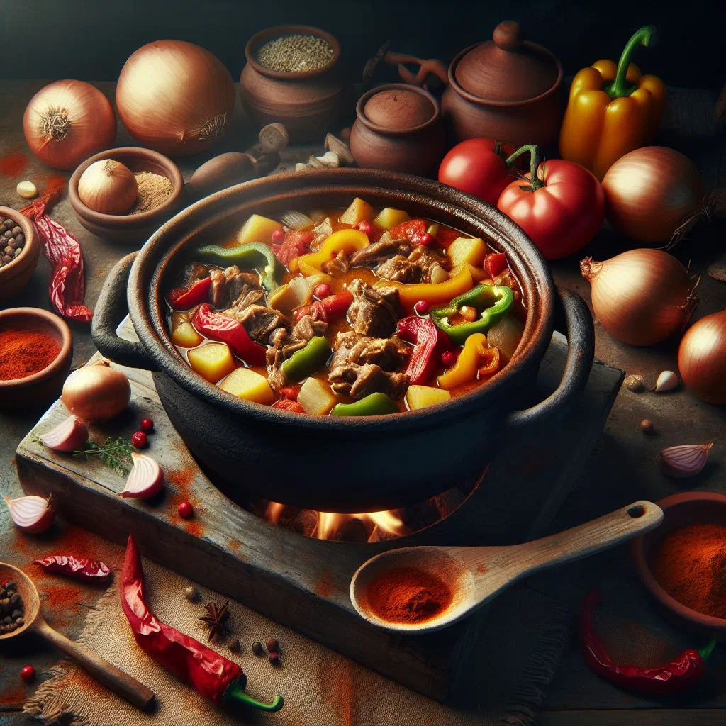 Spanish lamb stew caldereta de cordero with potatoes and peppers in a rustic bowl