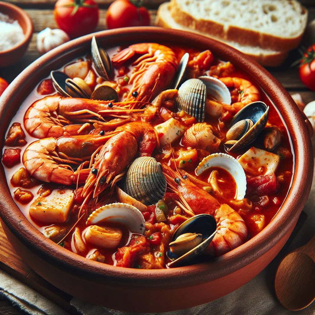 Spanish seafood stew with fish, mussels and prawns in a rich tomato broth