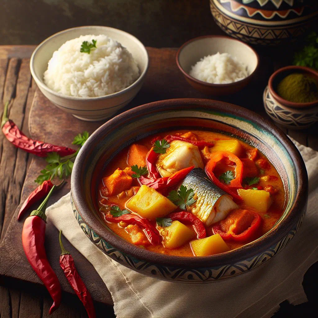 A bowl of Spanish fish stew with cod, peppers and tomato broth