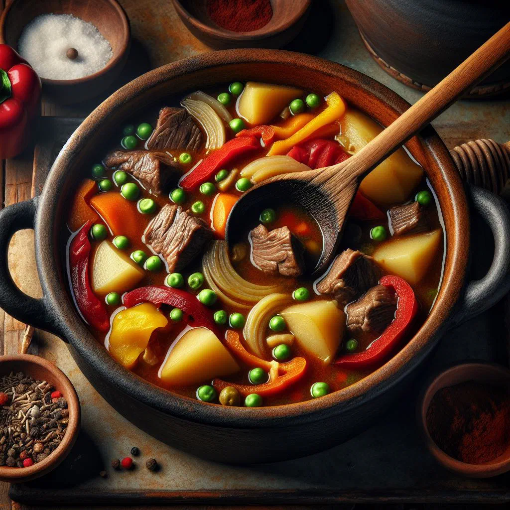 Caldereta de Venado venison stew with vegetables in a deep bowl