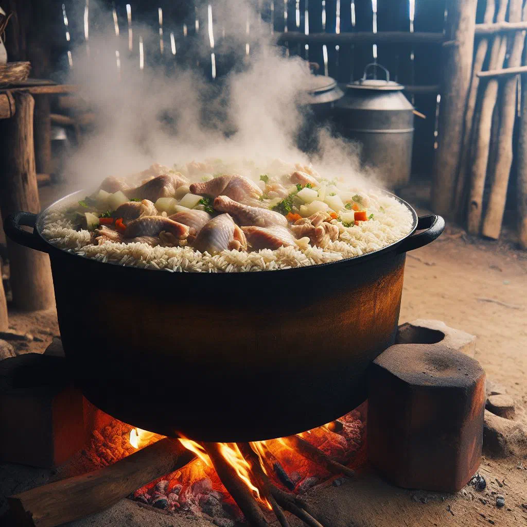 Spanish rice and chicken stew with peppers in a wide pan