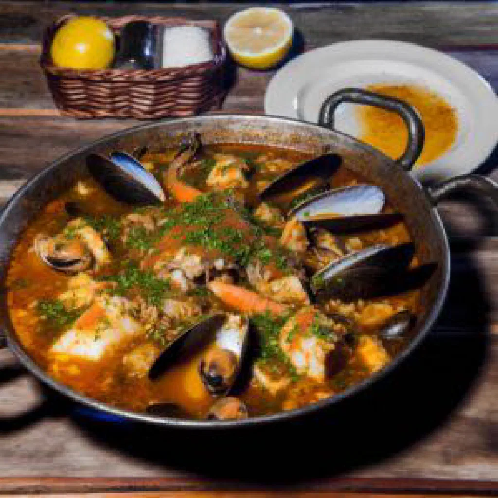 Caldero murciano rice pot with fish and saffron in a clay dish