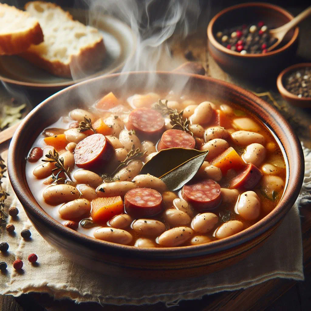 A rustic bowl of caldo gallego with white beans, kale and chorizo