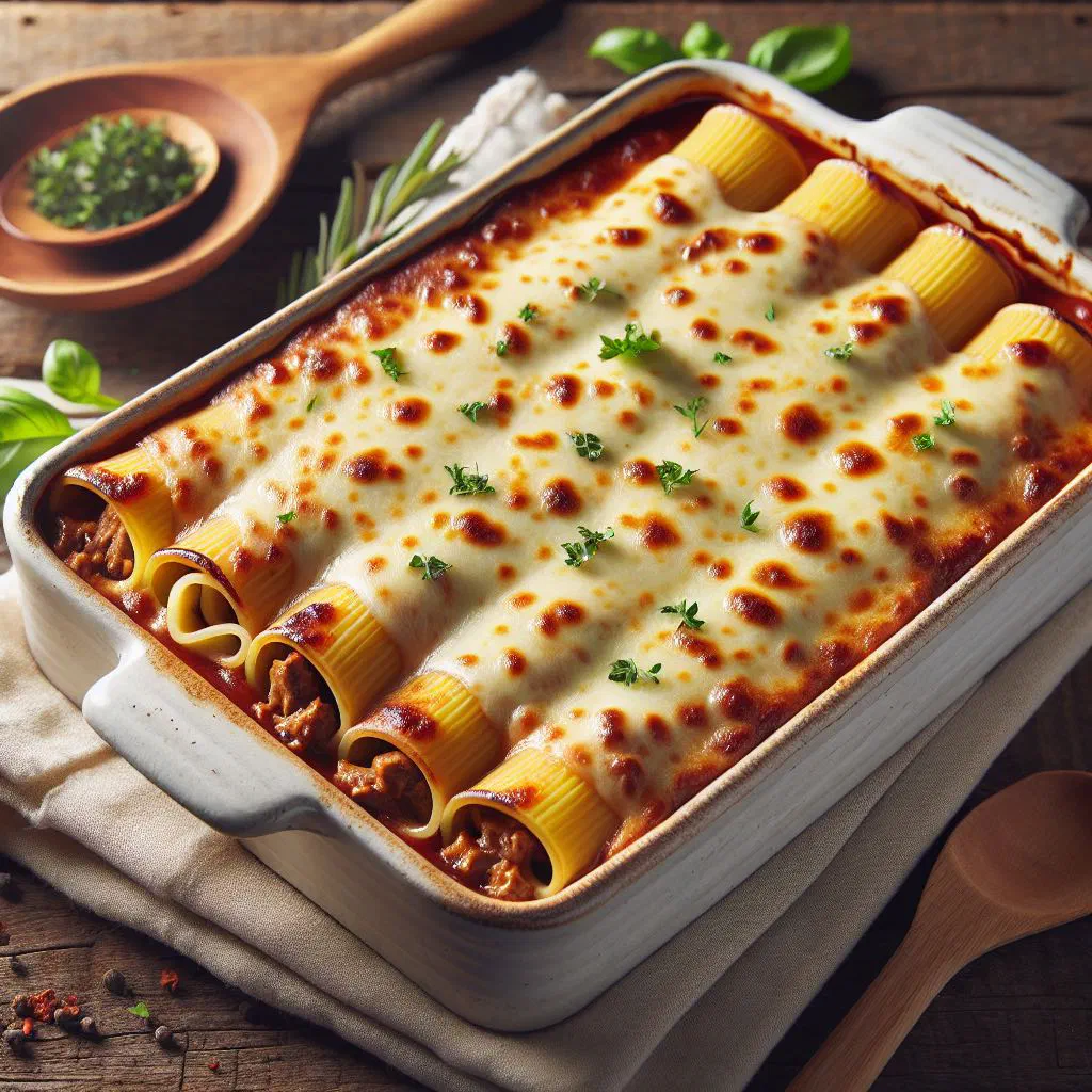 Baked canelones a la catalana in tomato sauce topped with golden melted cheese