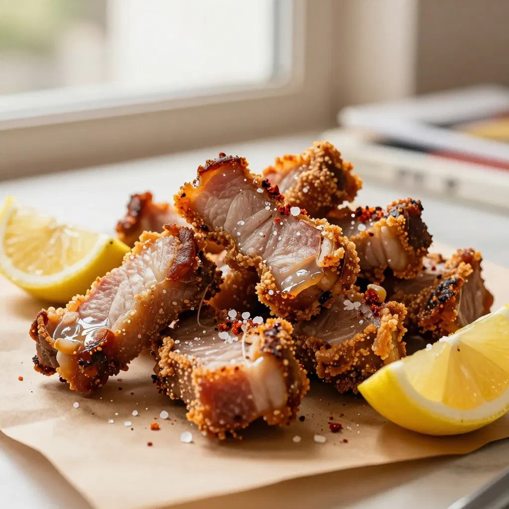 Crispy golden chicharrones served with lemon wedges