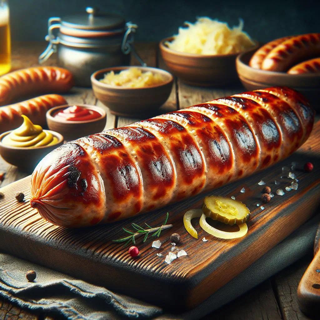 Coiled chistorra sausage browned and crisp on a rustic board