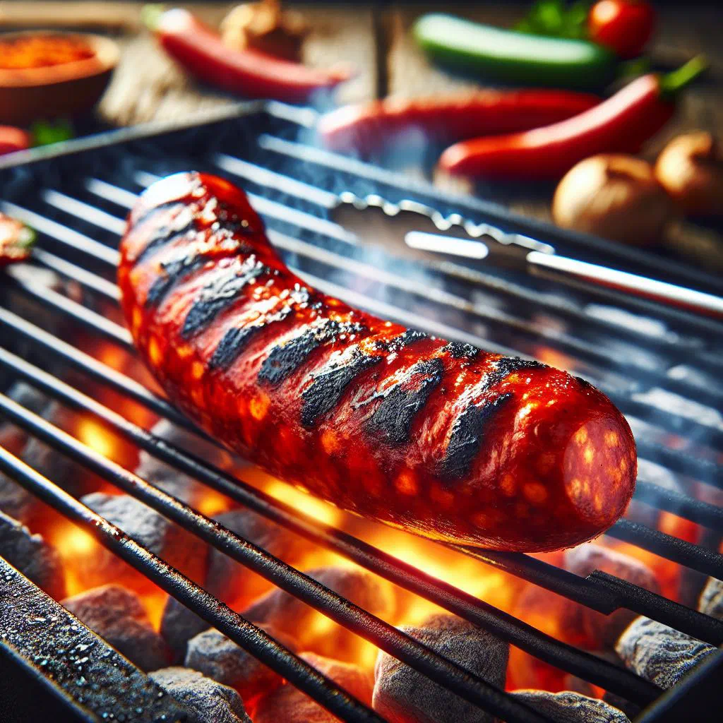 Grilled chorizo slices garnished with fresh parsley on a wooden board