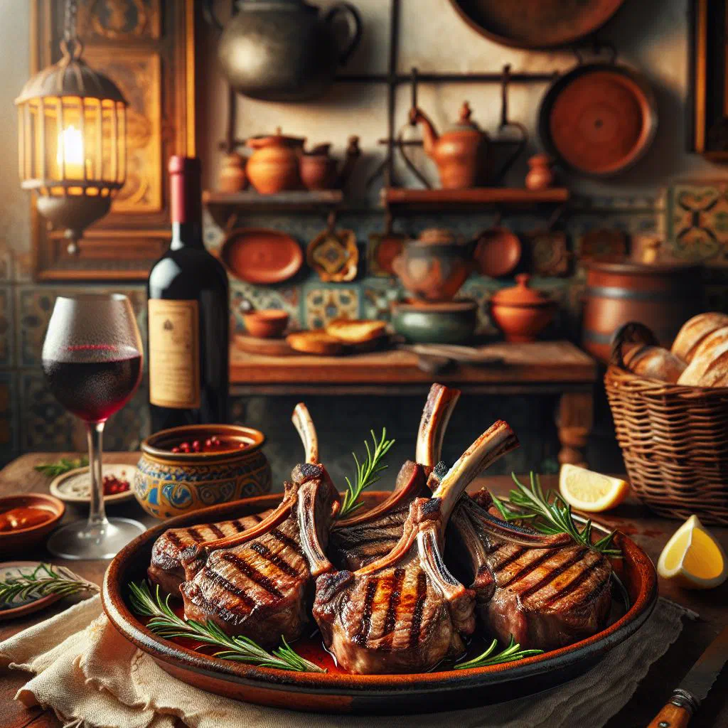 Grilled lamb cutlets with fresh herbs and lemon on a wooden board