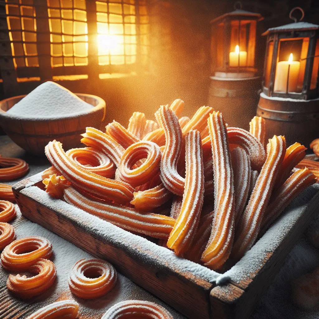 Golden churros dusted with sugar beside a cup of thick hot chocolate