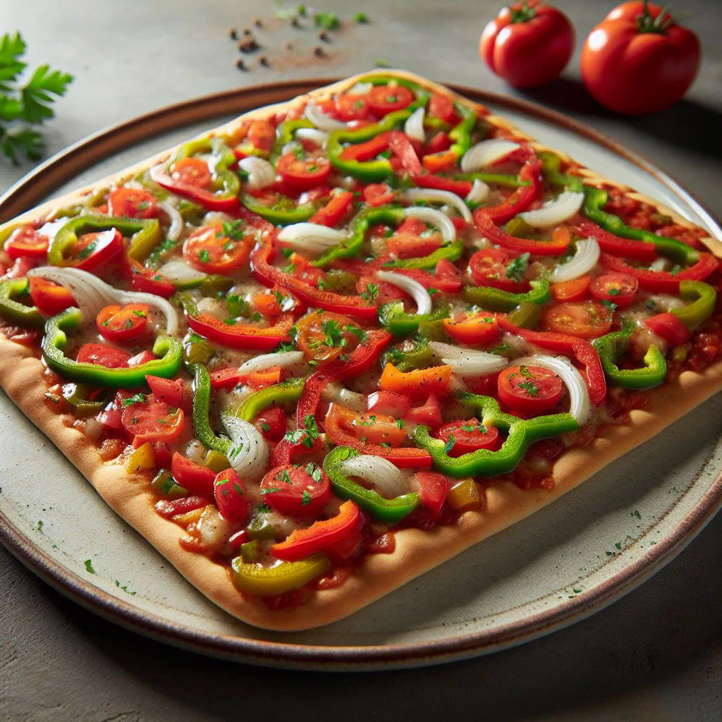 Coca de Trampó flatbread topped with tomatoes, peppers and onions