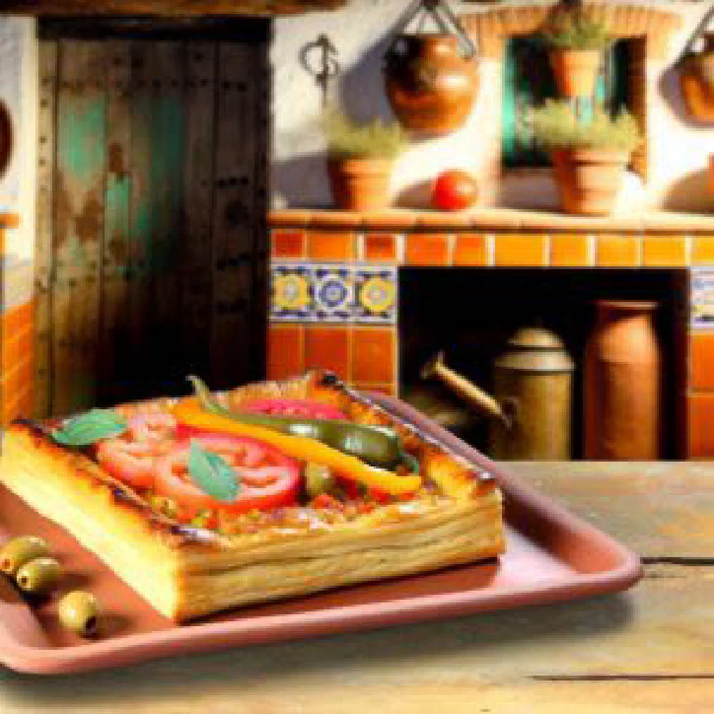 Slices of Spanish coca flatbread topped with roasted vegetables on a wooden board