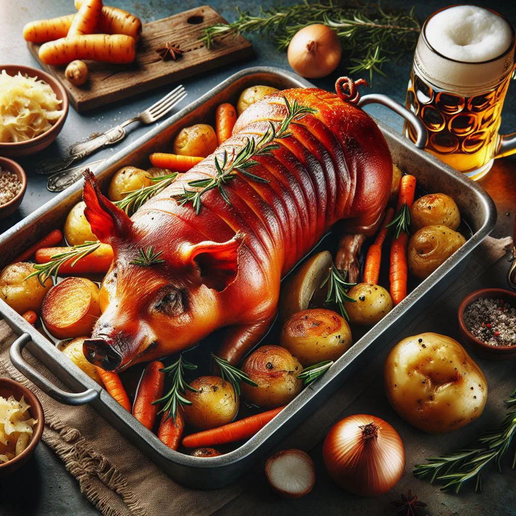 Whole roast suckling pig with golden crackling on a serving platter
