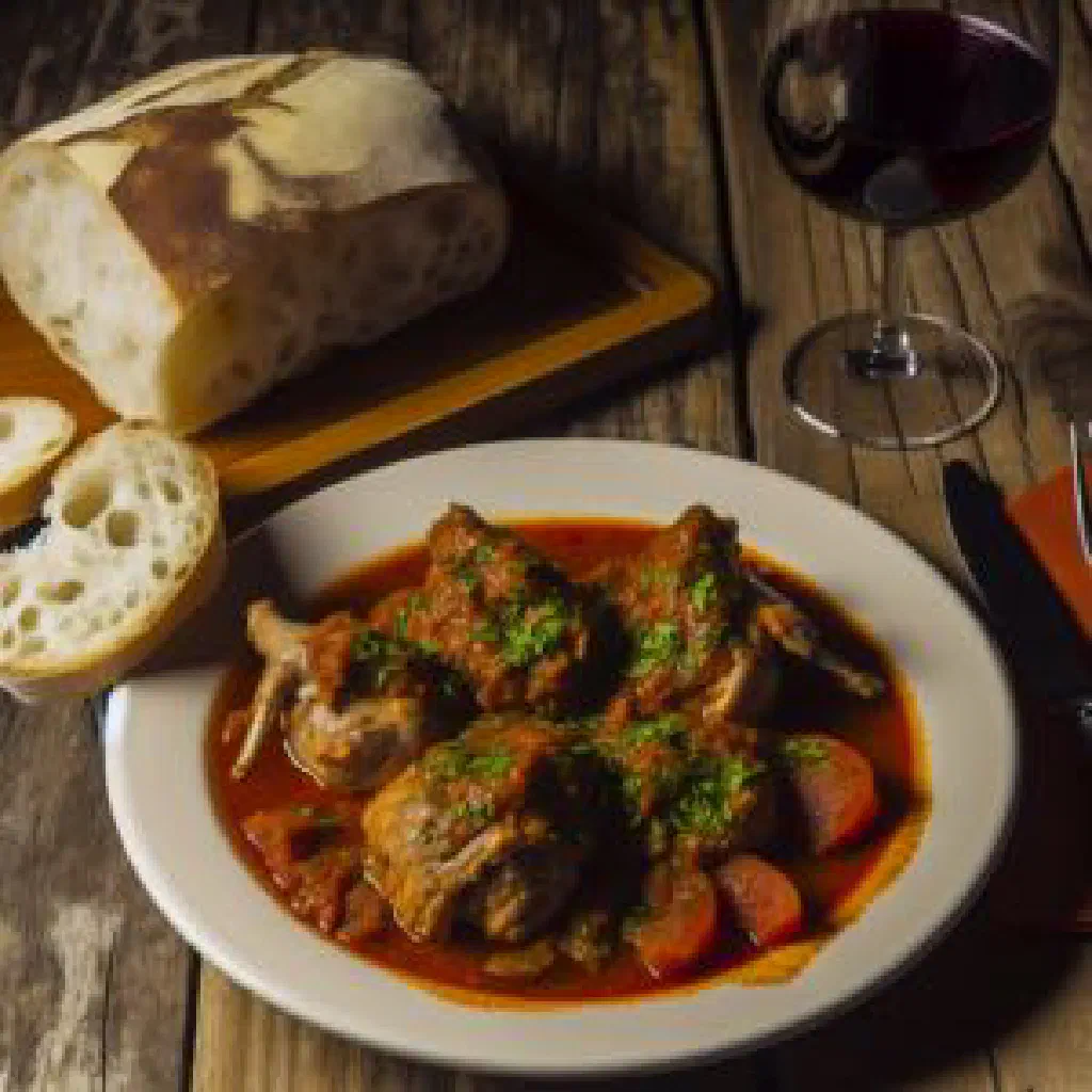 Spanish rabbit braised in a rich tomato sauce, garnished with parsley
