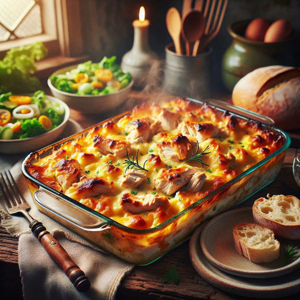 Spanish costrada de pollo chicken bake with a golden cheese crust
