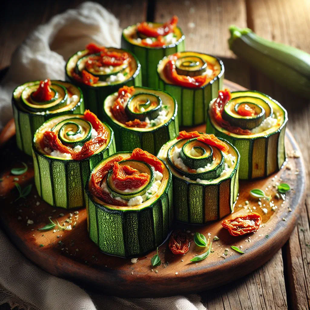 Baked courgette rolls filled with creamy cheese and fresh herbs