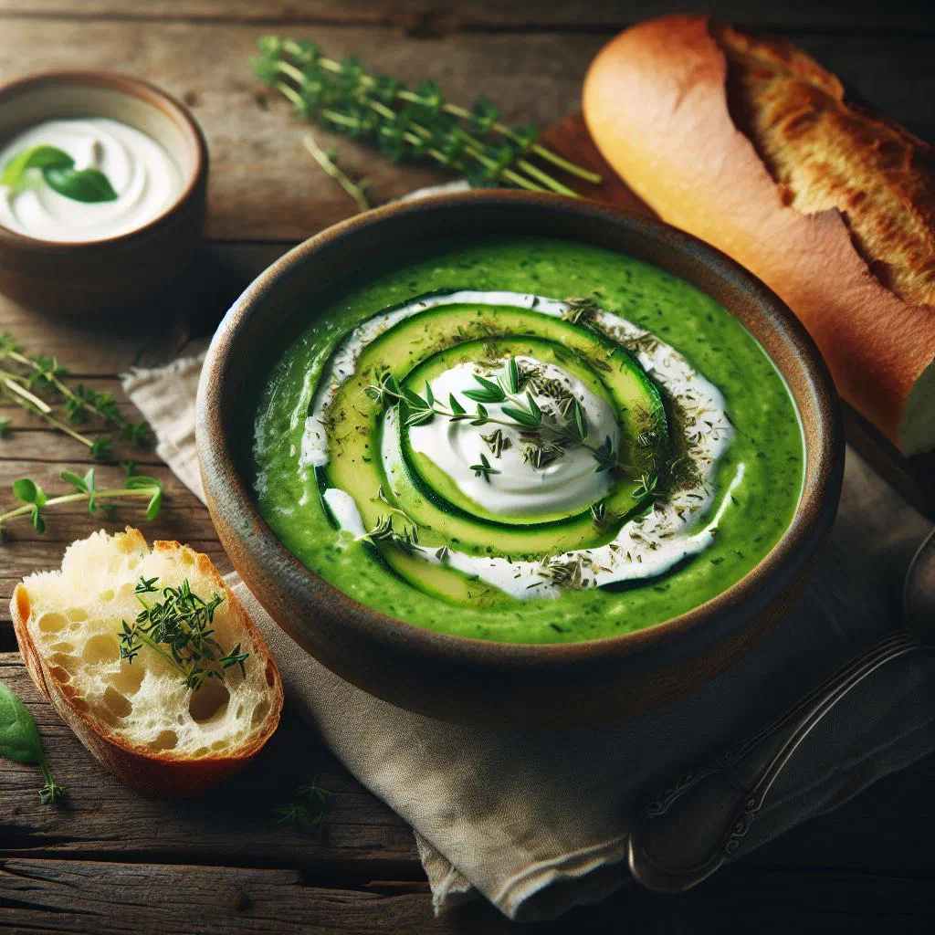 A creamy bowl of Crema de Calabacín garnished with fresh herbs and a drizzle of olive oil