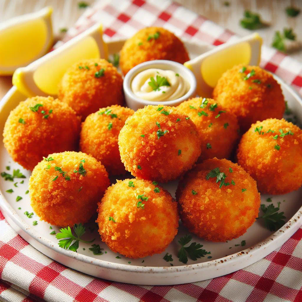 Golden fried cod croquettes served on a rustic board with lemon