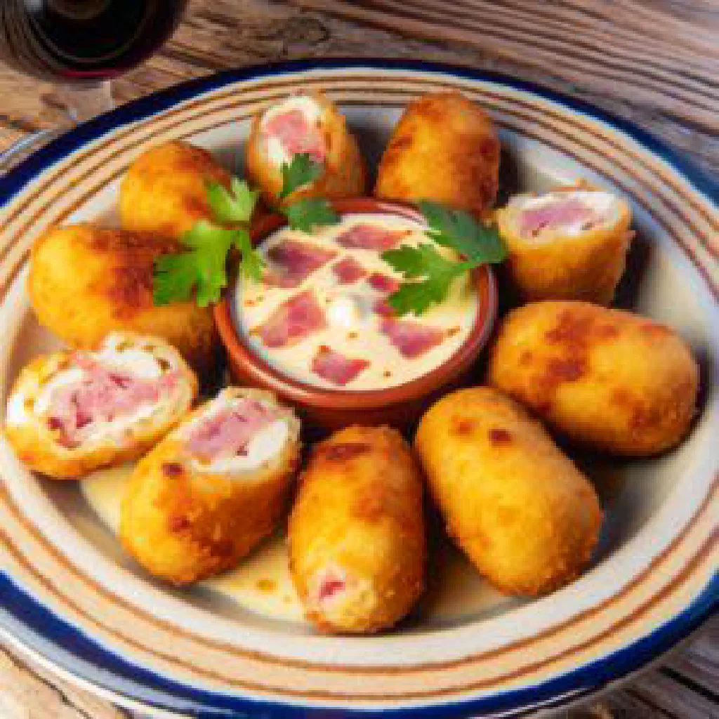 Golden, crisp ham croquettes served on a rustic platter