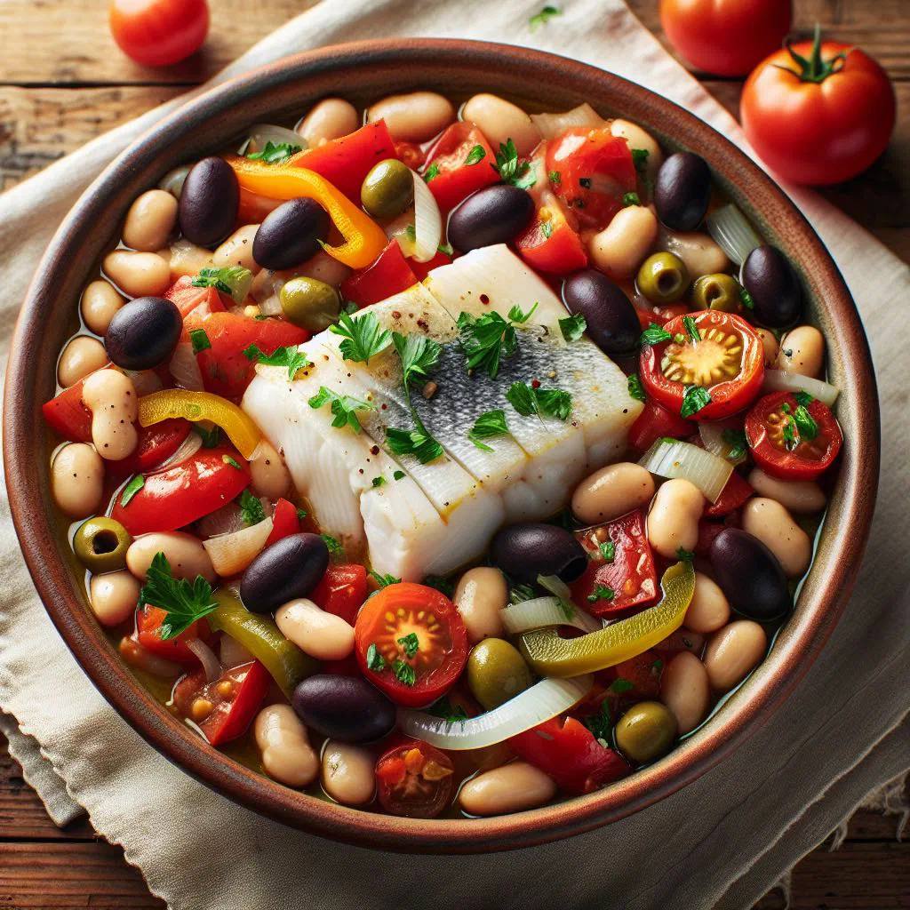 Empedrat salad of chickpeas, rice and fresh vegetables in a bowl