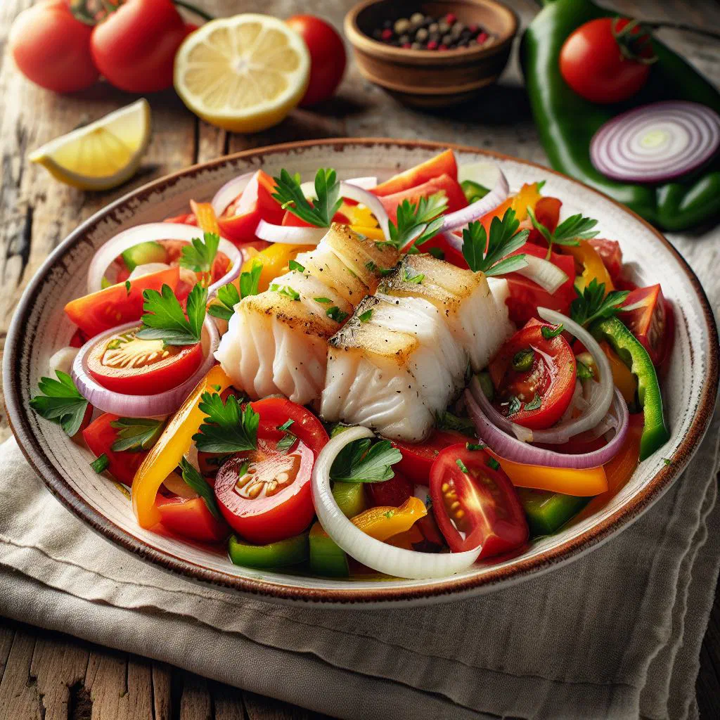 Spanish salt cod salad with red and green peppers, onion and olives
