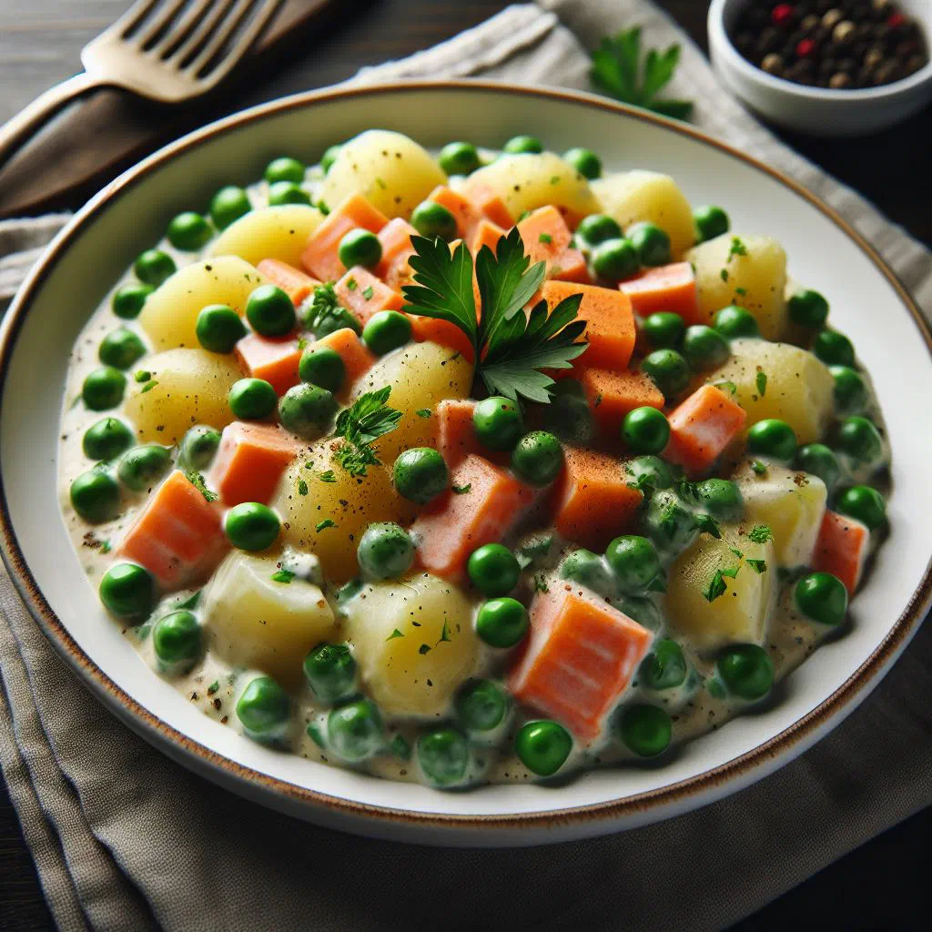 Ensalada rusa potato salad with tuna, peas and carrots in a creamy mayonnaise dressing