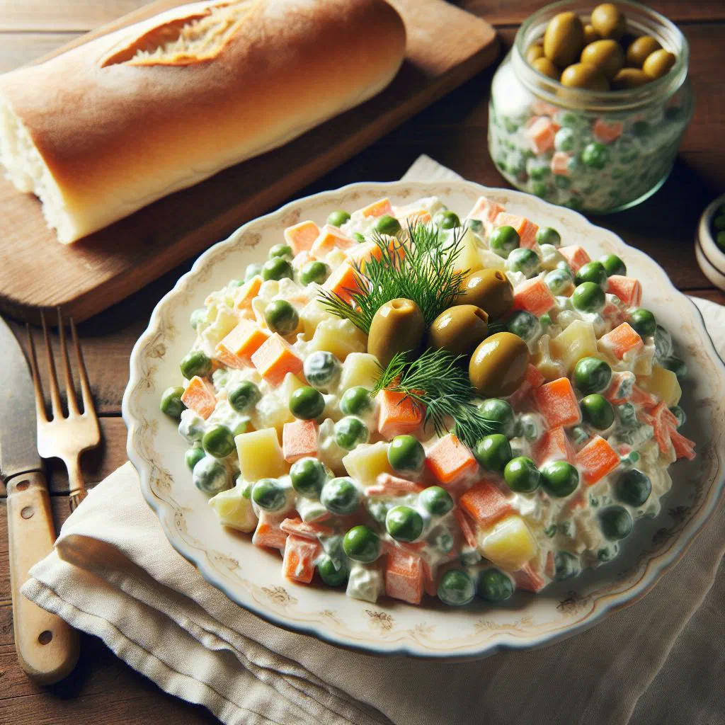 Creamy Spanish ensaladilla rusa garnished with olives and egg