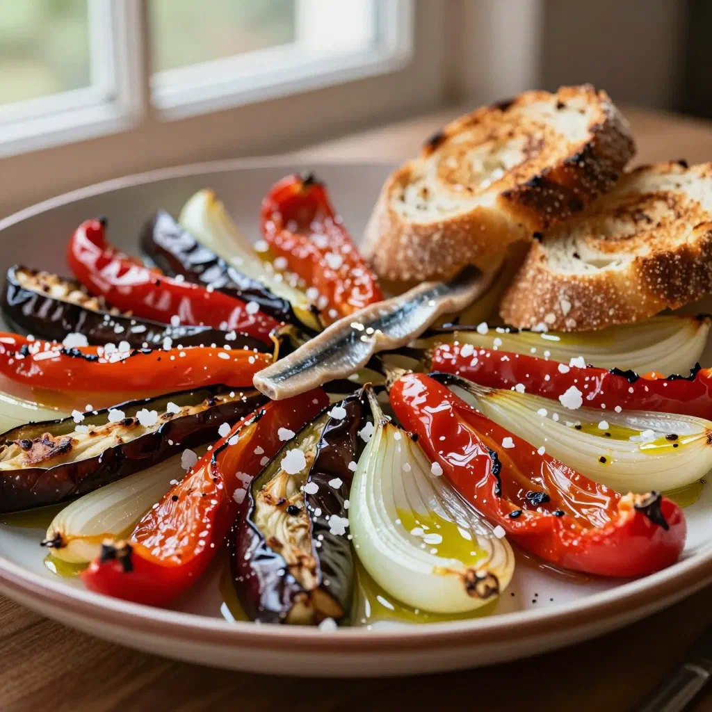 Smoky grilled red peppers, aubergine and onion drizzled with olive oil
