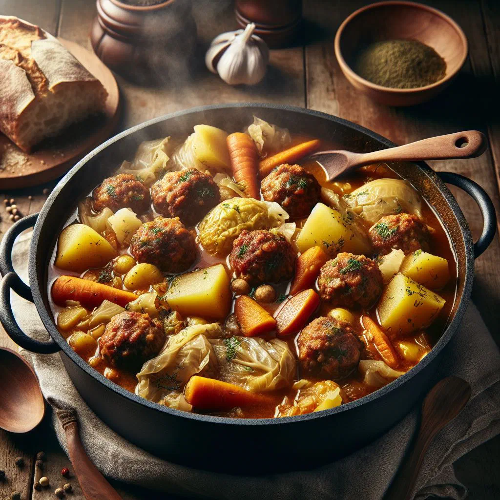 A bowl of escudella i carn d'olla with tender meat, vegetables and rich broth