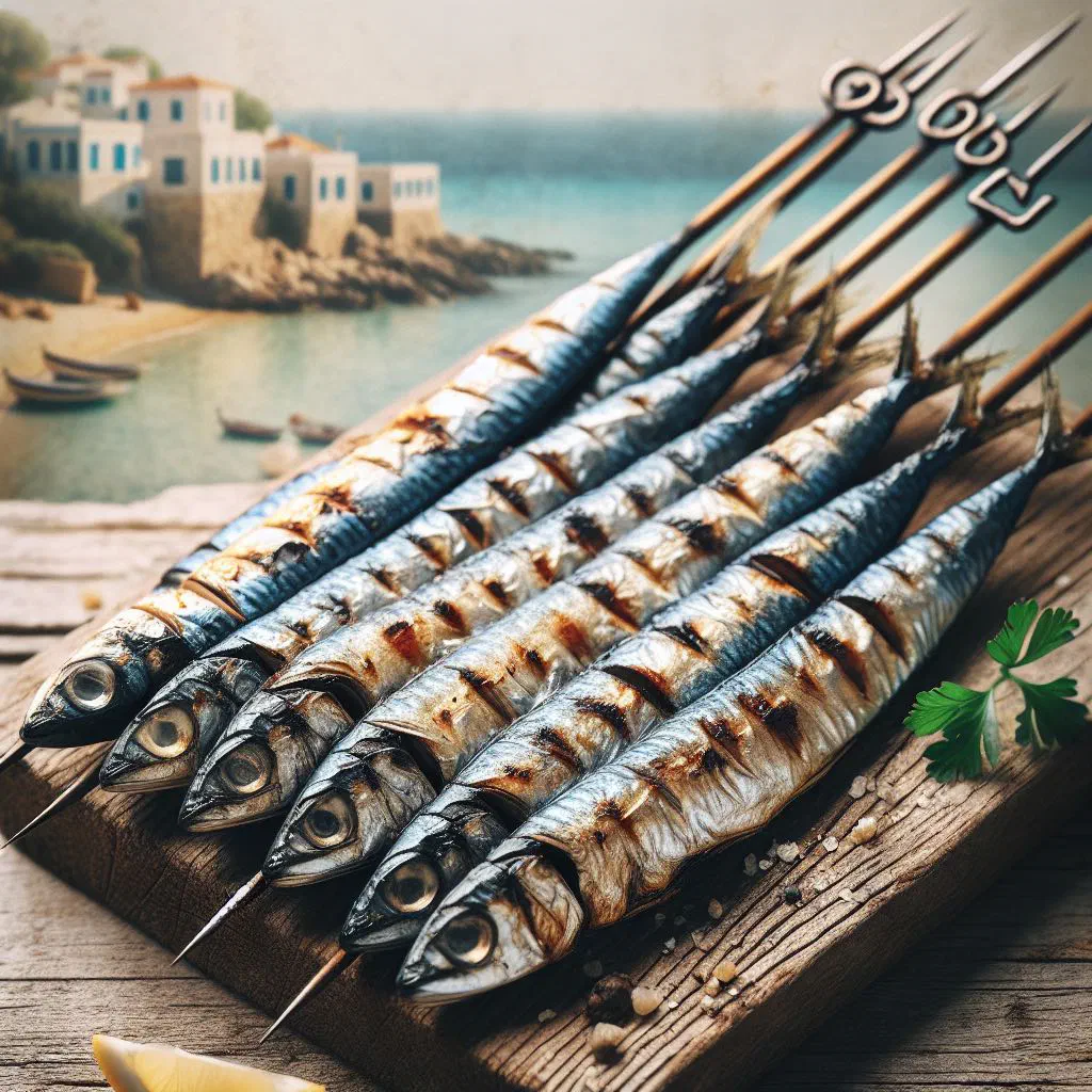 Grilled sardine skewers cooked over open coals on a beach