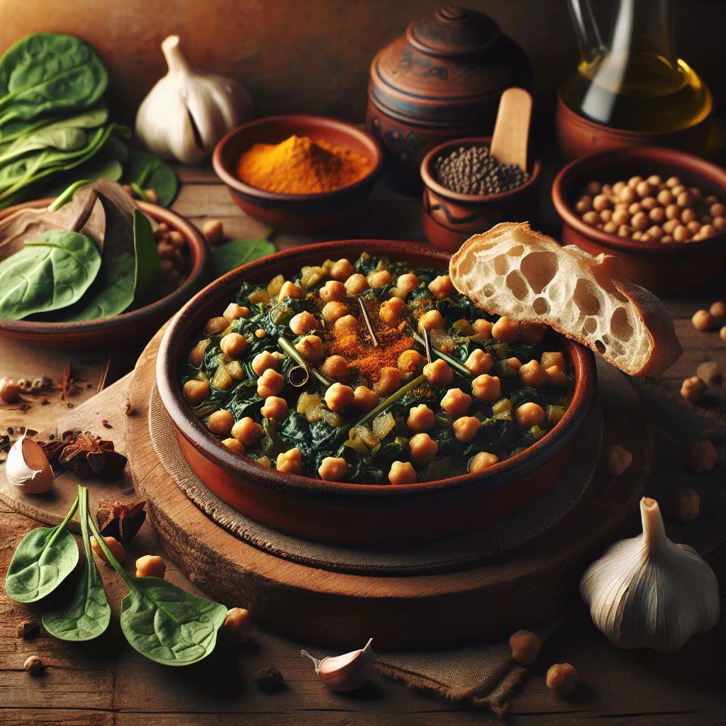Spinach and chickpeas stewed with garlic and cumin in a rustic bowl