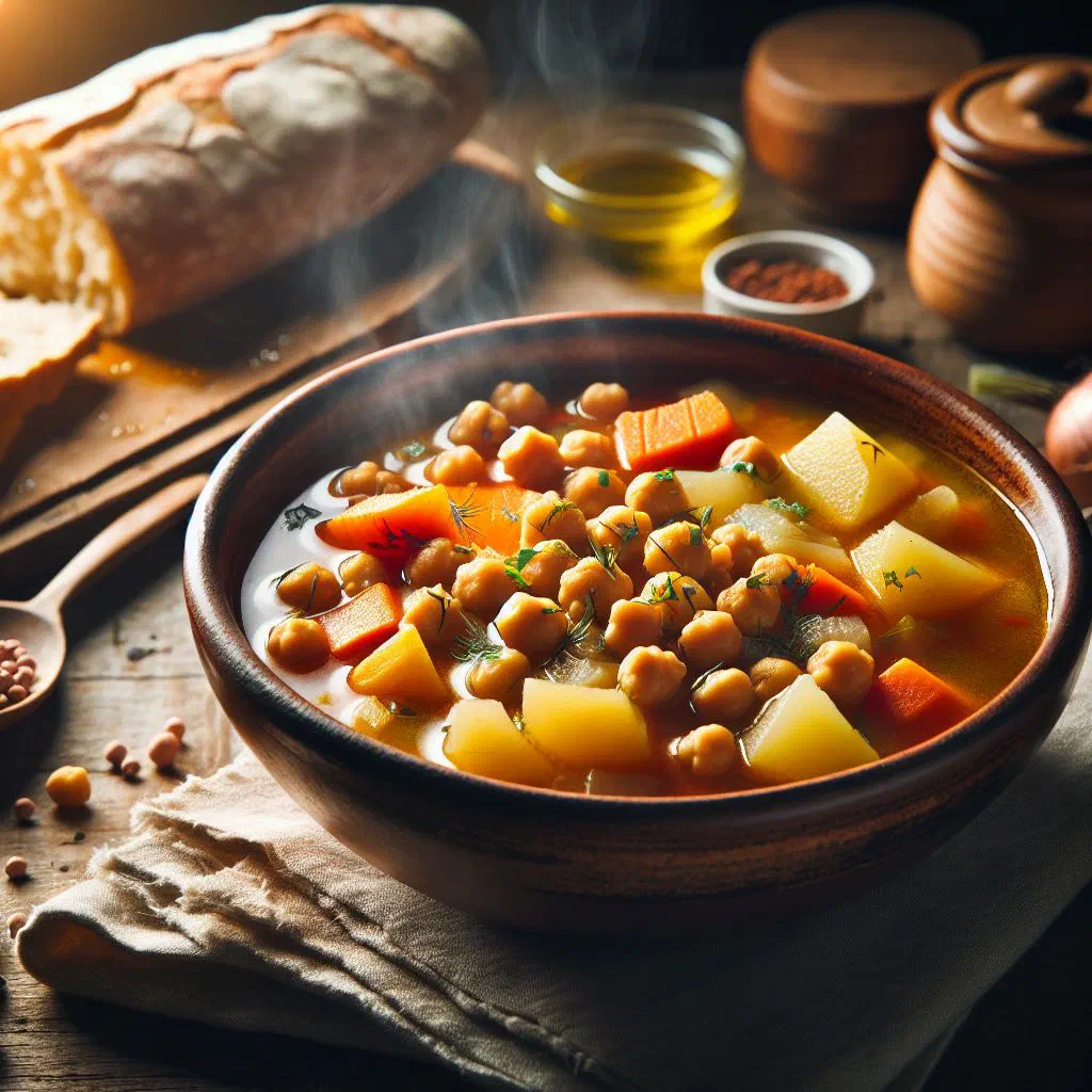 Spanish chickpea stew with tender meat and vegetables in a rustic bowl