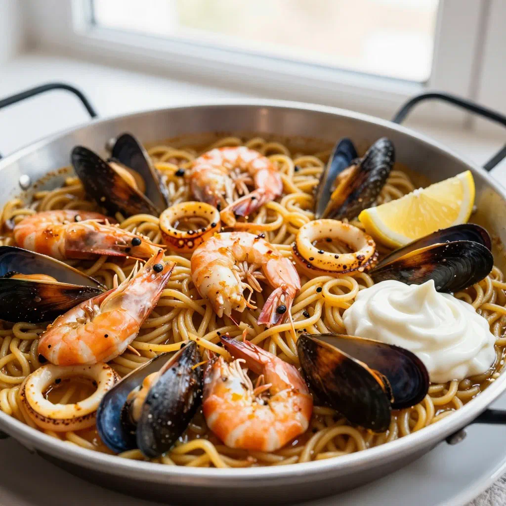 Fideuà with toasted noodles and seafood in a shallow pan