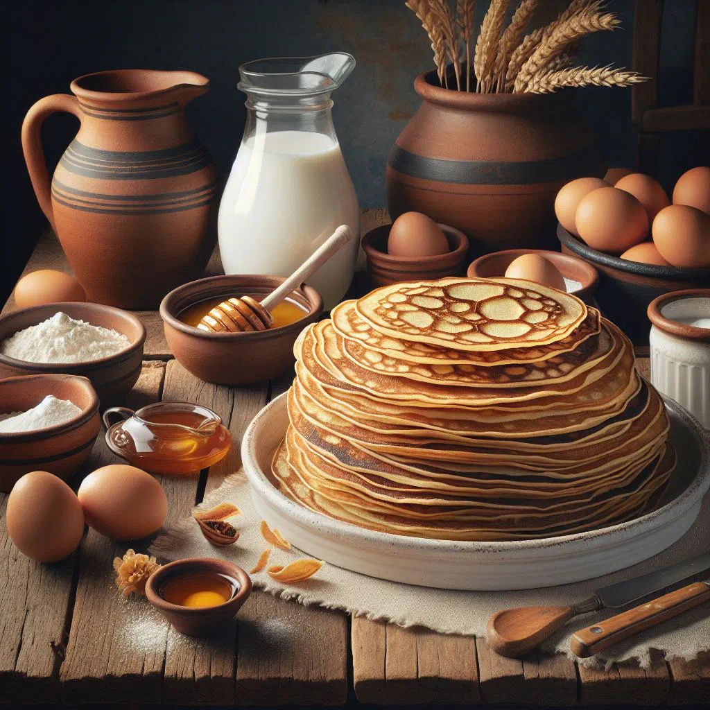 A stack of thin golden filloas Galician pancakes on a plate