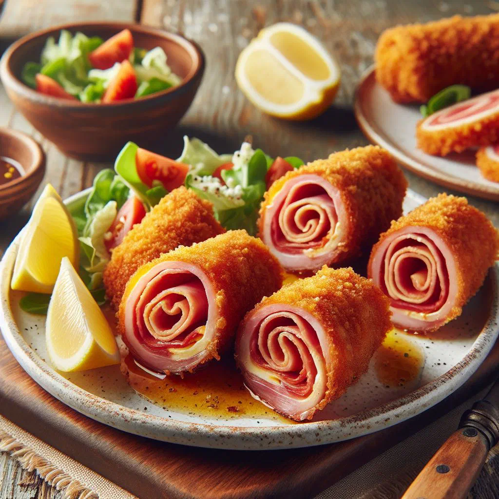 Golden, crispy fried flamenquines rolls sliced to show ham and melted cheese