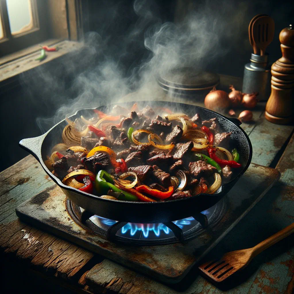 Frit Mallorquí with pork, liver, potatoes and peppers in a rustic pan