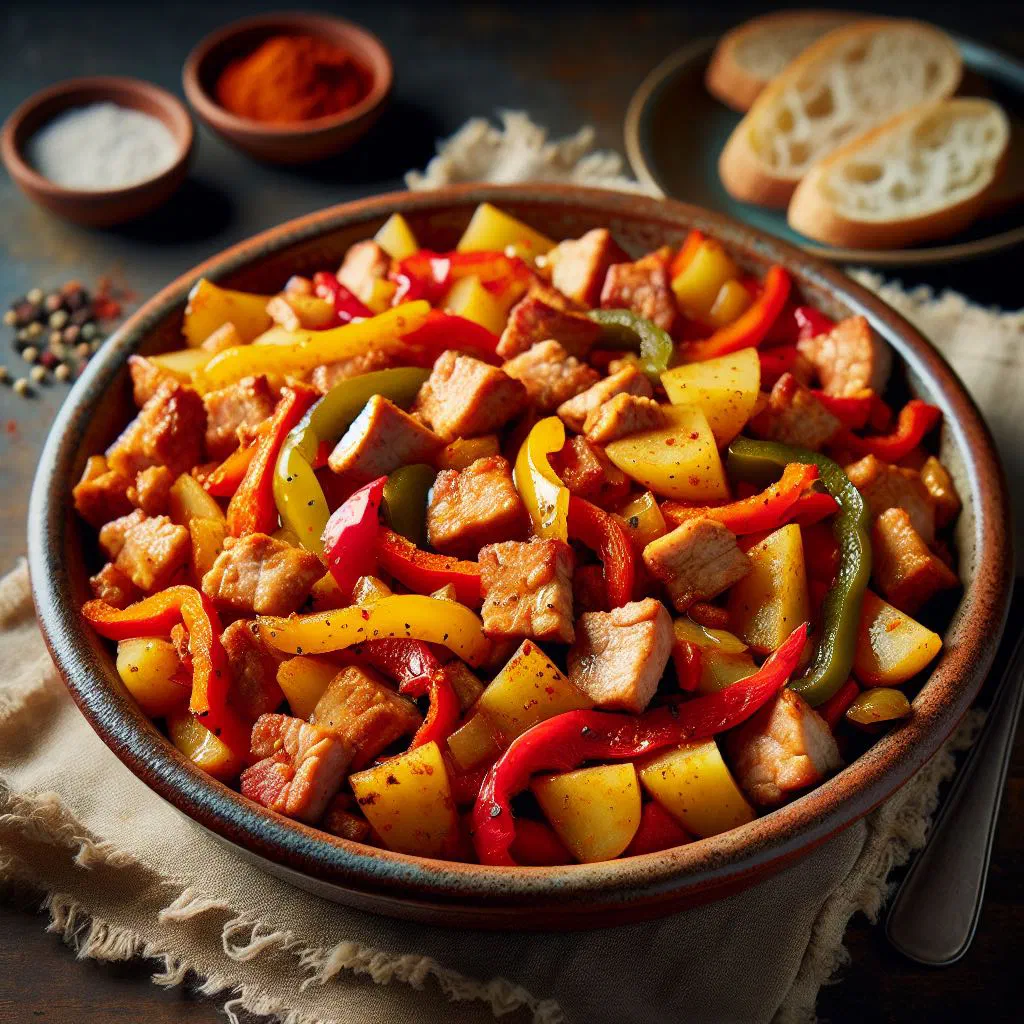 Frito Mallorquín with diced pork, veal and red peppers in a rustic pan