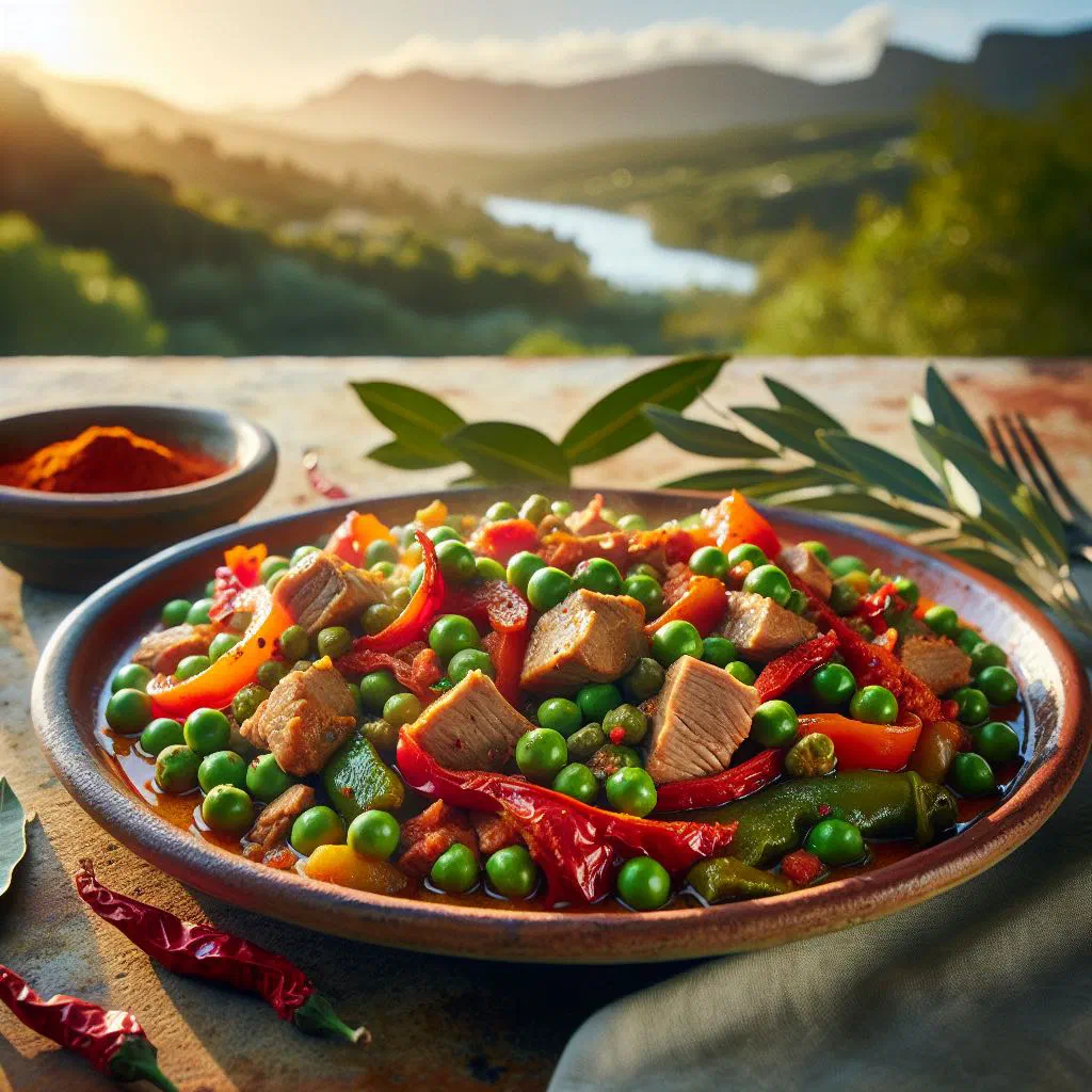Fritos Mallorquines with tender meat, peppers and peas garnished with parsley
