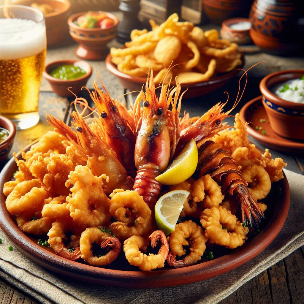 A platter of crisp golden fried fish and seafood with lemon wedges