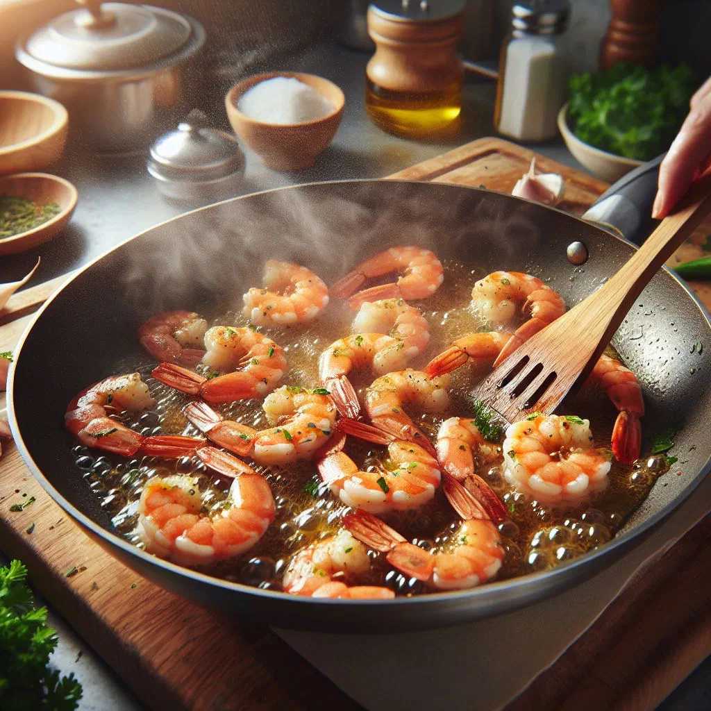 Griddled prawns with garlic, olive oil and fresh parsley on a plate