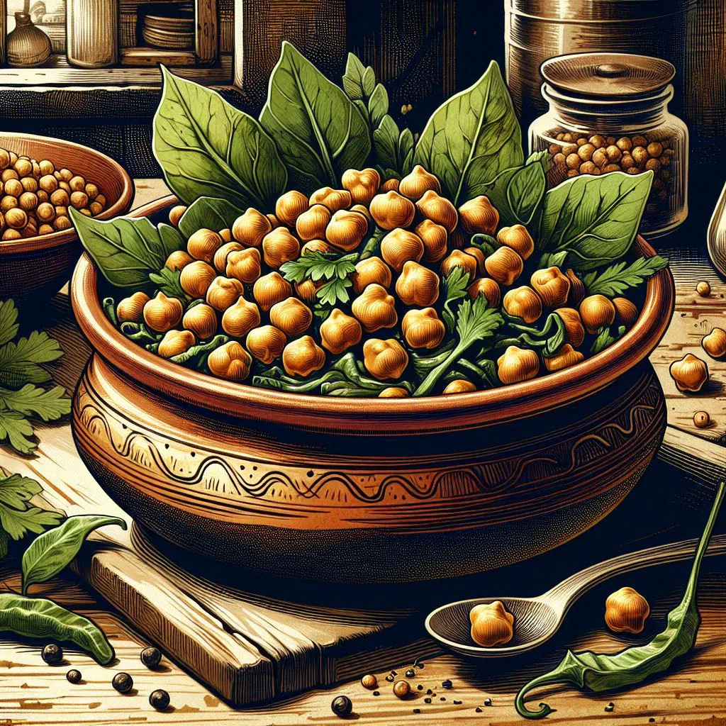 Spanish chickpeas with spinach in a rustic bowl, garnished with herbs